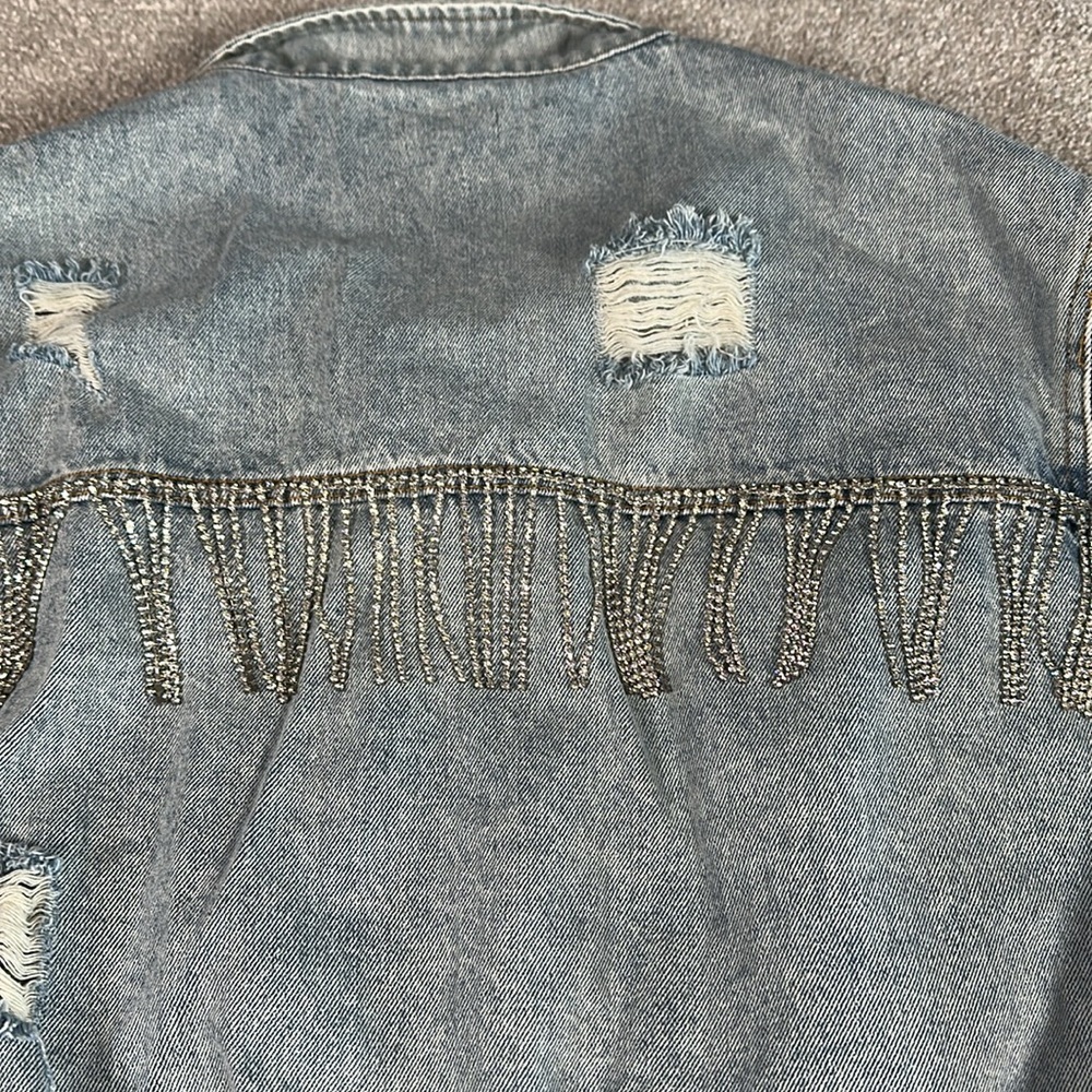 Distressed, rhinestone, fringe, jean jacket,‎ grunge, punk band rock - Picture 9 of 15